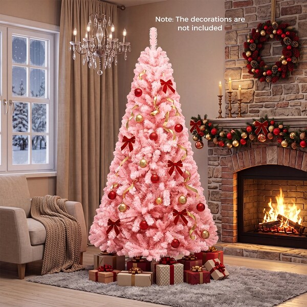 Gymax 6ft/ 7ft Pink Classic Pine Christmas Tree Artificial Hinged