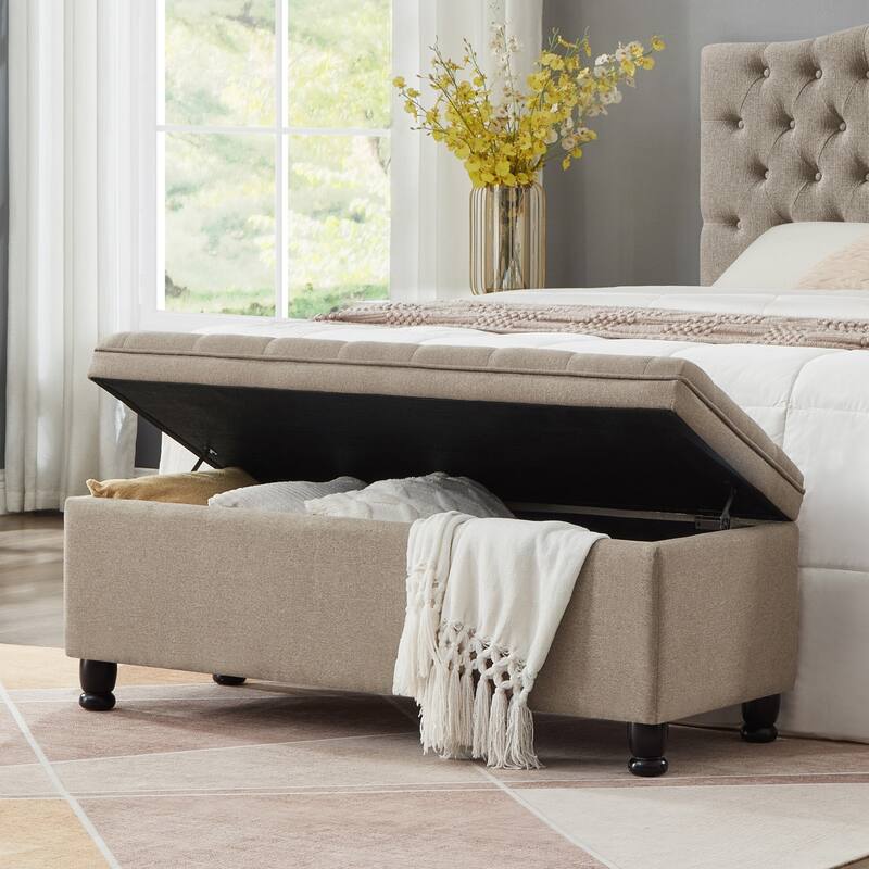 Bedroom End of Bed Bench with Spindle Wood Legs, Upholstered Decorative Stool Elegant Storage Bench with Flipping Lid