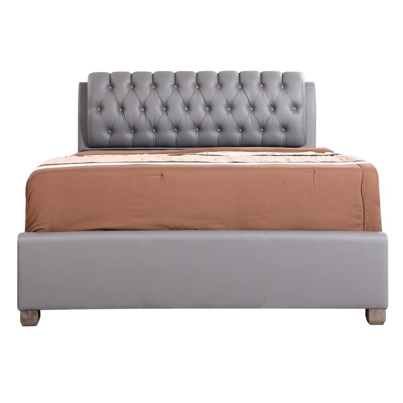 Modern Faux Leather Platform Bed with Padded Headboard - Home Bedroom Furniture