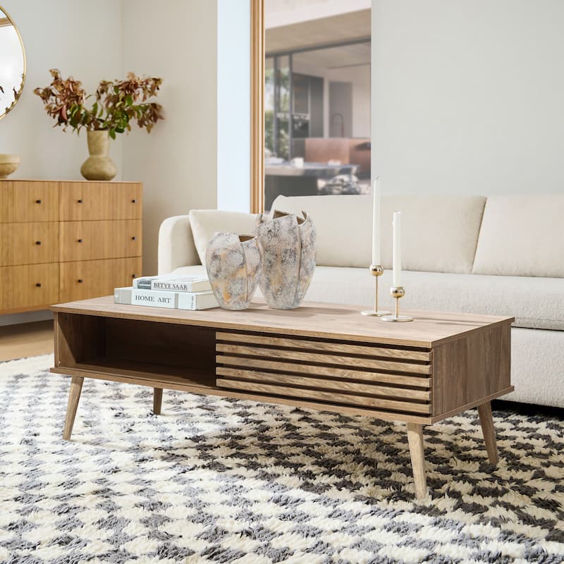 Mid-Century Modern Rectangular Coffee Table with Storage and Solid Wood Legs - 16.3" H x 46.9" W x 23.2" D