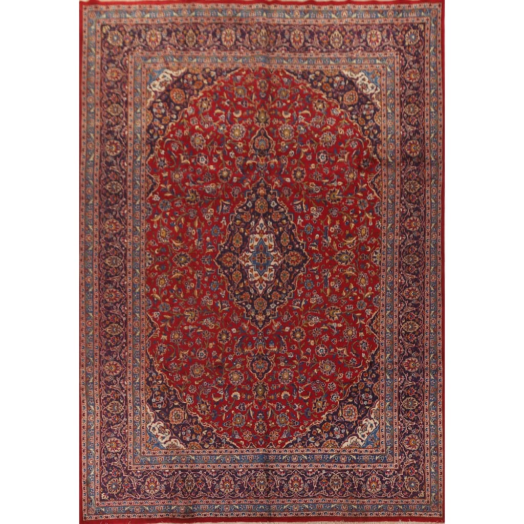 Traditional Mashad Persian Vintage Rug Handmade Floral Wool Carpet - 9'7"x 13'1"