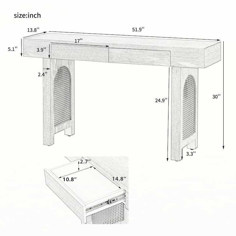 Narrow Console Table with Rattan Accent,(Natural)