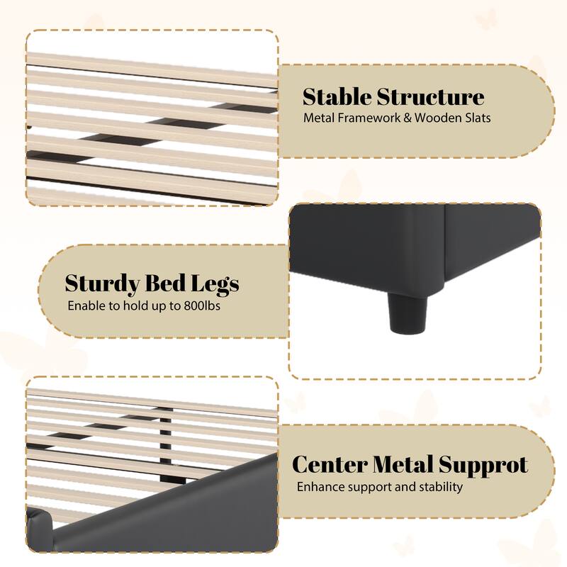 Bedroom Platform Bed Frame with Butterfly-Shaped Headboard, PU Leather Upholstered Bed with Gold Accents