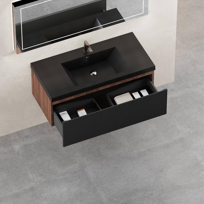 42'' Floating Bathroom Vanity with Sink Combo, Modern Wall-Mounted Striped Bathroom Storage Cabinet with Soft-Close Drawers