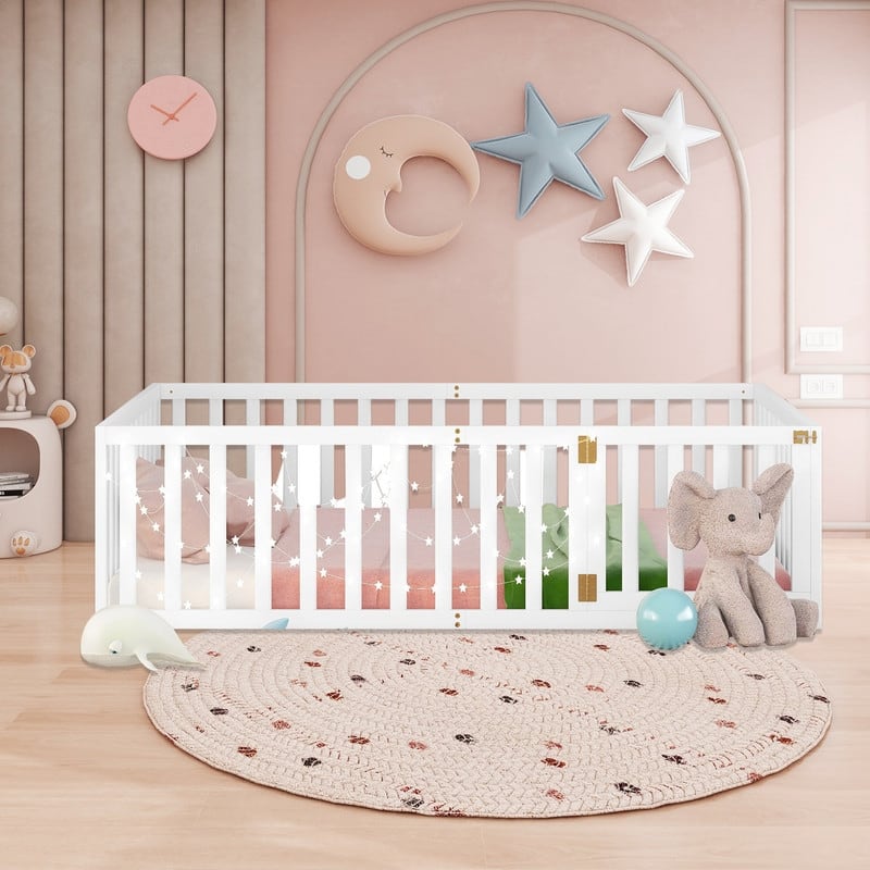 Full Size Floor Bed for Children, Sturdy Wood Montessori Bed Frame with Fence & Door - White