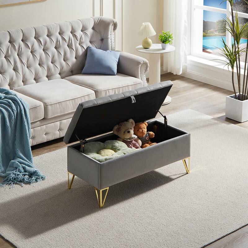 Rectangular Velvet Storage Ottoman - Sturdy Frame, Easy Leg Installation