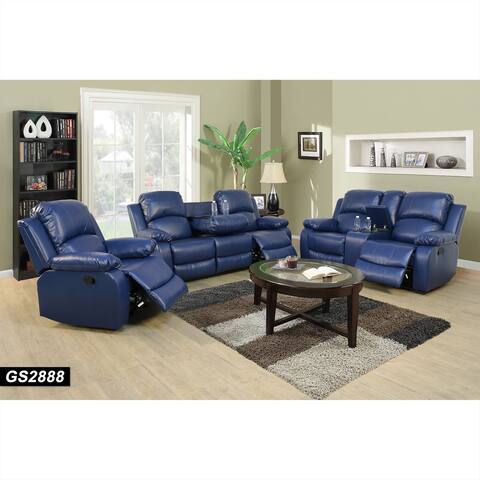 3-Pieces Recliner Sofa Set/w Drop Down Table,Blue(2888)