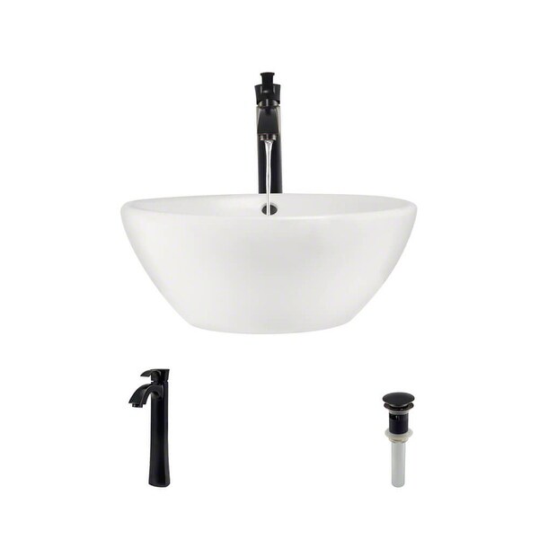 Rene R2-5031-B-R9-7006 16-1/8 Porcelain Bathroom Sink with Overflow with Vessel Faucet and Vessel Pop-Up Drain