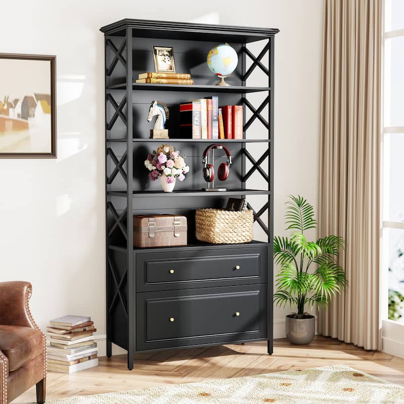 72"Tall Black Bookshelf with 2 Drawers