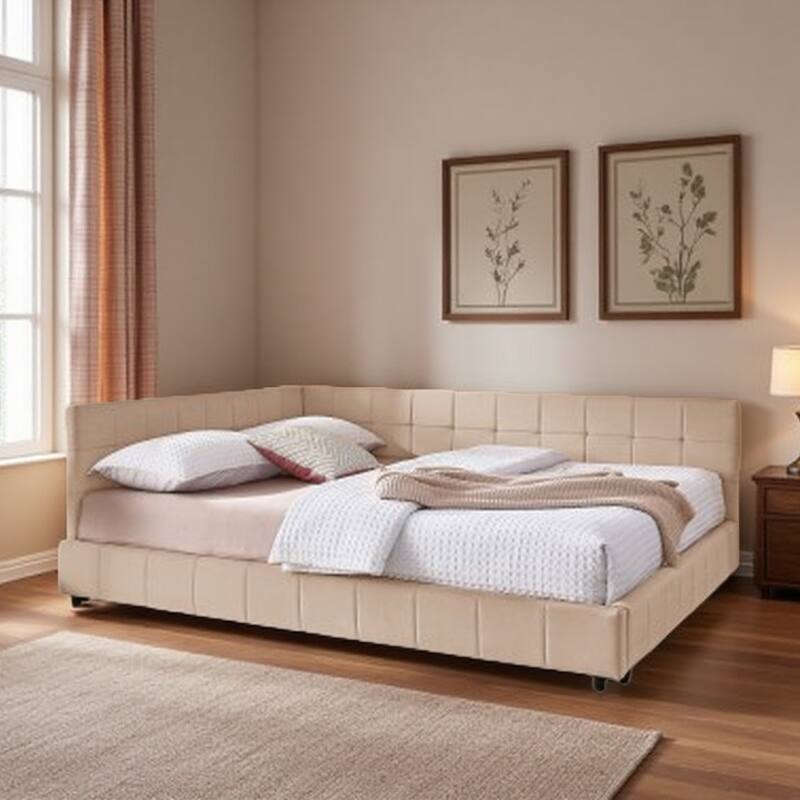 Mid-Century Velvet Queen Daybed with Tufted Backrest and Armrest, Convertible Sofa Bed Frame, Sturdy Upholstered Platform - Pink