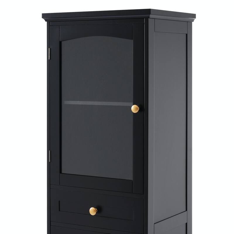Tall Free-Standing Bathroom Storage Cabinet with Glass Doors and Two Drawers