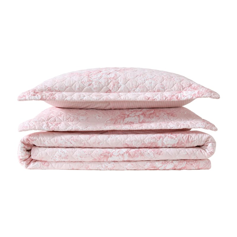 Laura Ashley Toile Delightful Cotton Reversible Pink Quilt Set