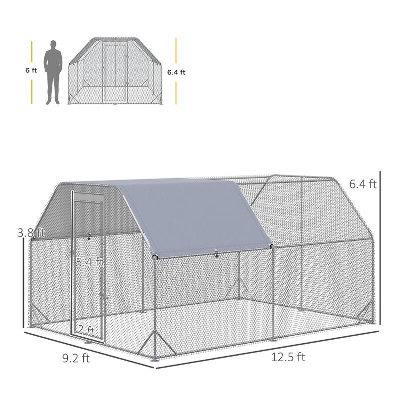 PawHut Large Chicken Coop Metal Chicken Run with Waterproof and Anti-UV Cover, Flat Shaped Walk in Fence Cage Hen House