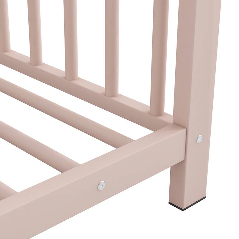 Roomfitters Twin Size House Bed, Modern Metal Floor Bed Frame with Roof, Sleek Scandi Style Sleep Space, Pink