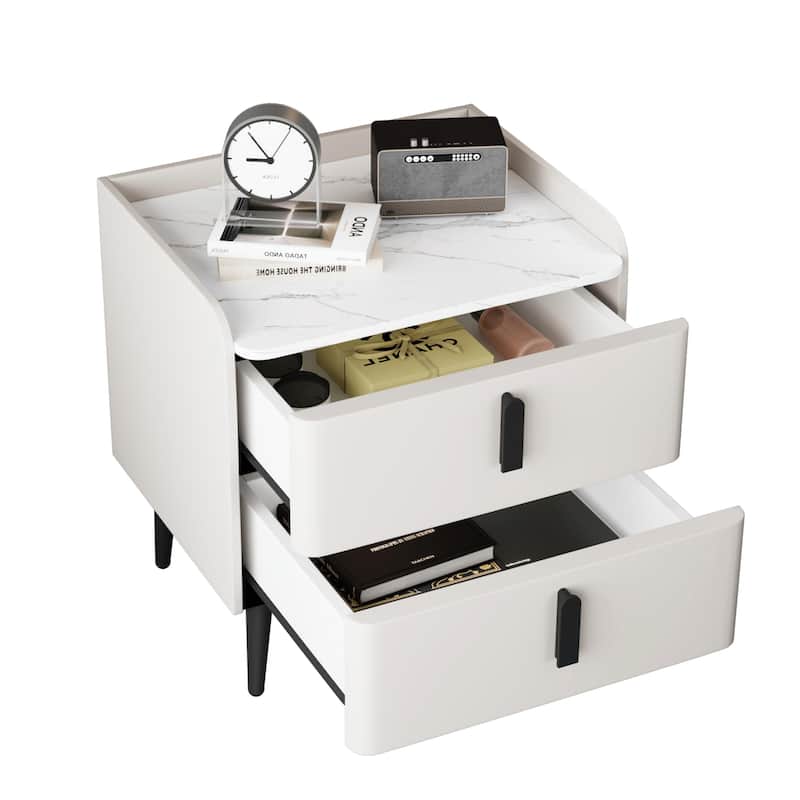 Nightstand with 2 Drawers and Marble-Pattern Tabletop