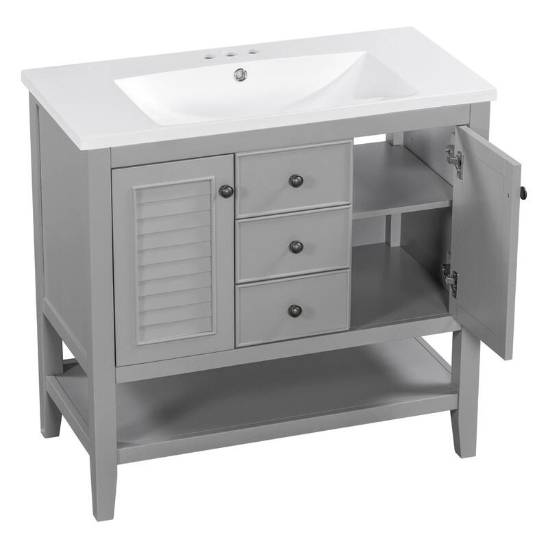 36" Bathroom Vanity with/without Sink, Bathroom Vanity Cabinet with 2 Cabinets and Drawers, Open Shelf, Solid Wood Frame