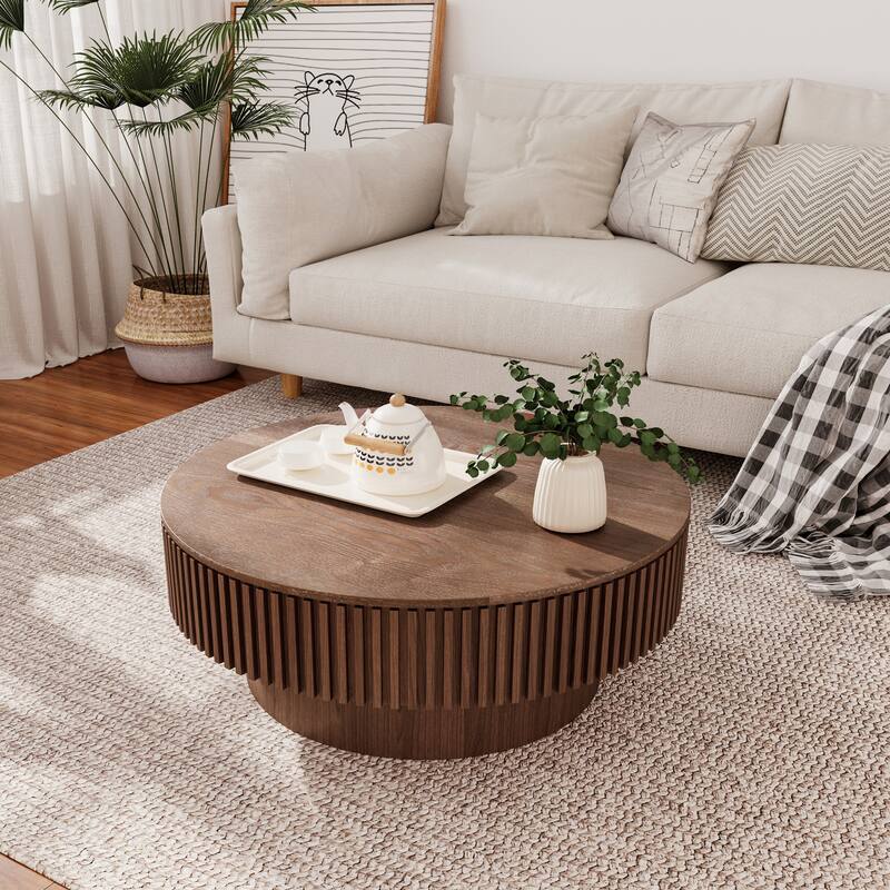 Modern 31.5" Round Coffee Table with Storage Solid Wood Veneer for Living Room and Bedroom Use