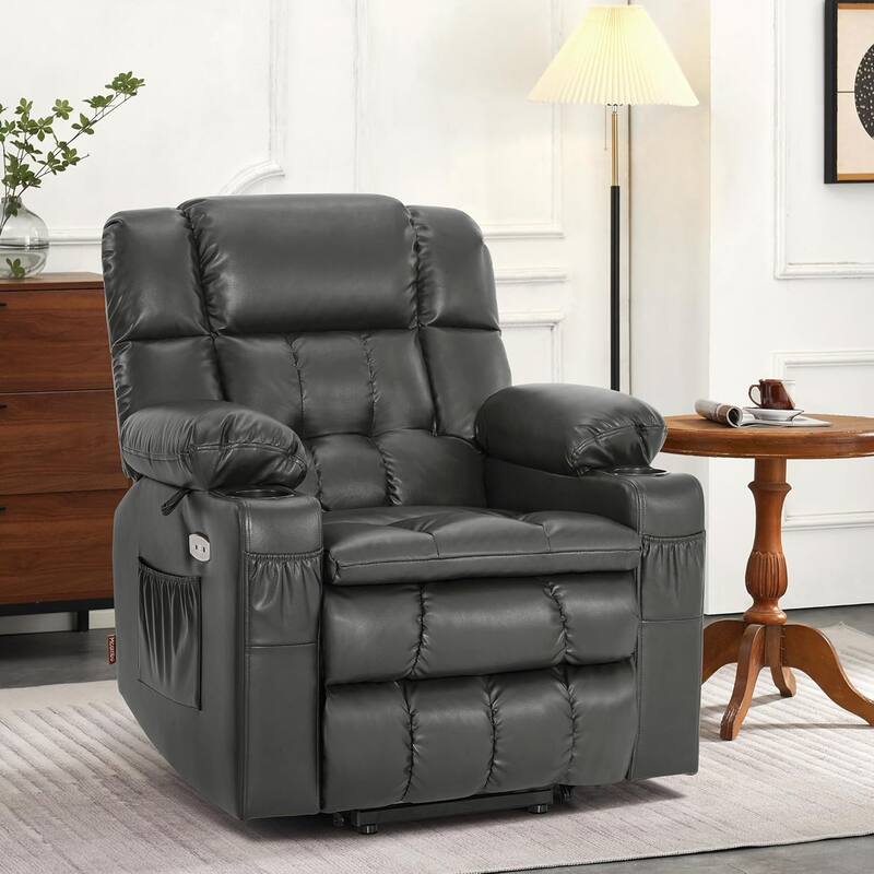 MCombo Dual Motor Small Power Lift Recliner Chair for Elderly, Lay Flat Lift Chair with Heat and Massage, Faux Leather 7893