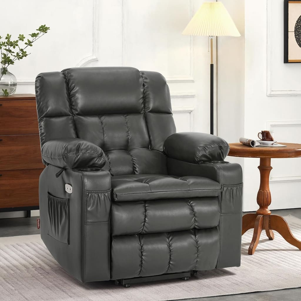 MCombo Dual Motor Small Power Lift Recliner Chair for Elderly, Lay Flat Lift Chair with Heat and Massage, Faux Leather 7893