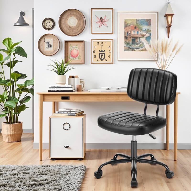 Small Armless Office Desk Chair with Wheels and Low Back Lumbar Support, Comfy Cute PU Leather Vanity Rolling Swivel Task Chair - Black