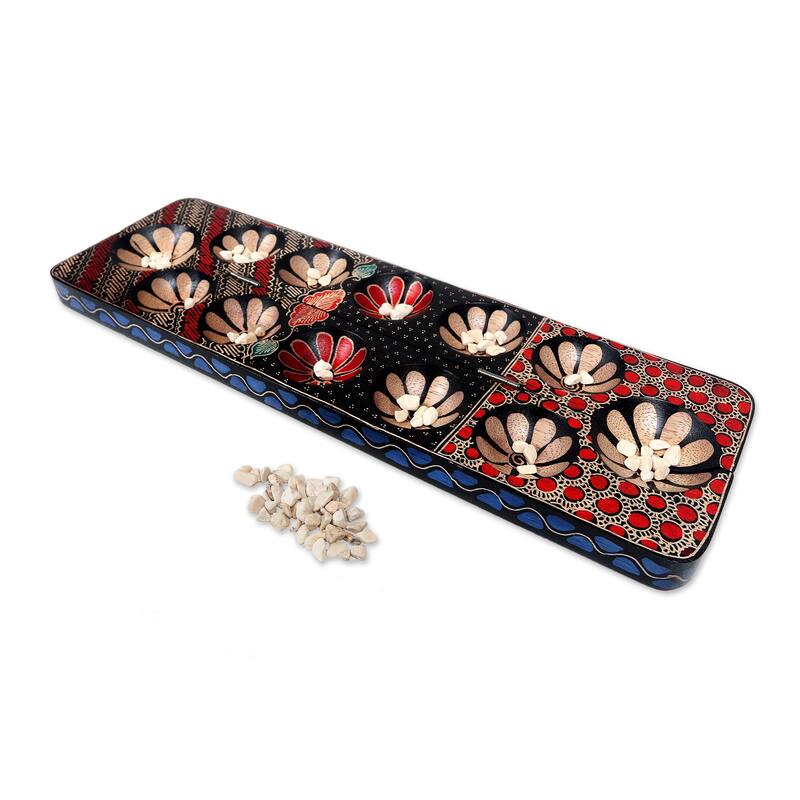 Novica Handmade Fun Parang Blue Wood Batik Mancala Board Game