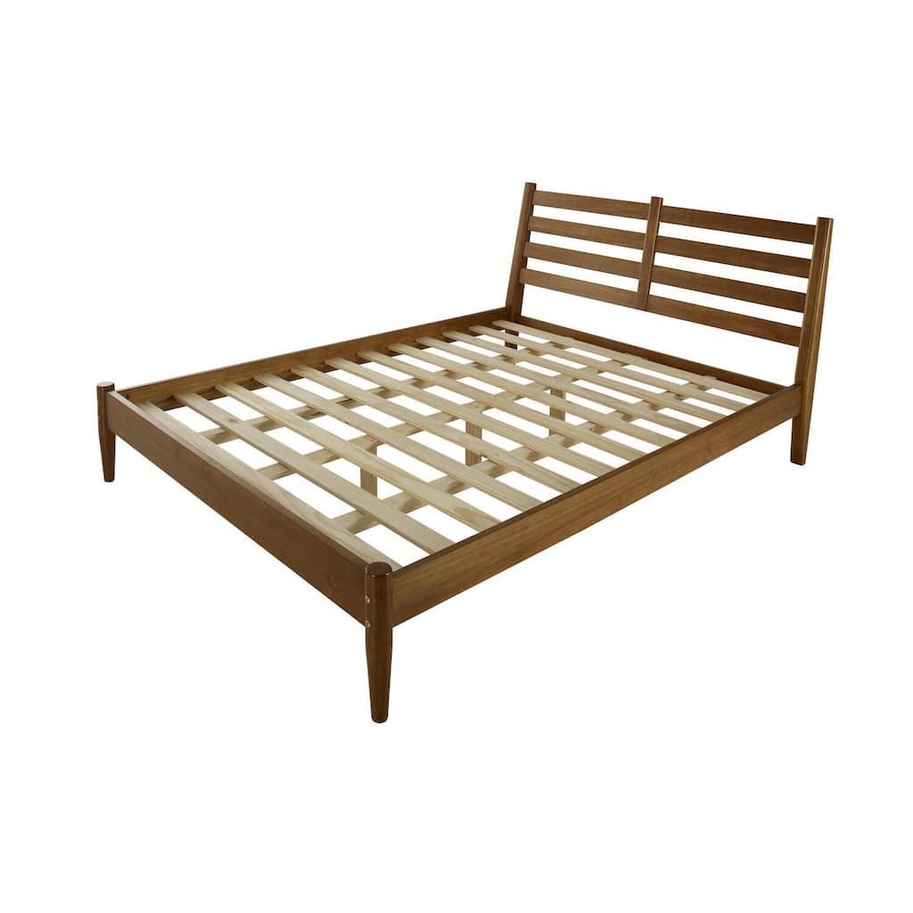 Mid-Century Queen Bed Frame - Modern Slat Bed with Headboard - Castanho Finish - 89"L x 63.25"W
