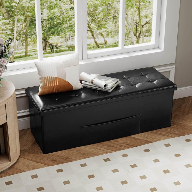 Costway 43 Inches Folding Storage Ottoman Bench with Side Pocket