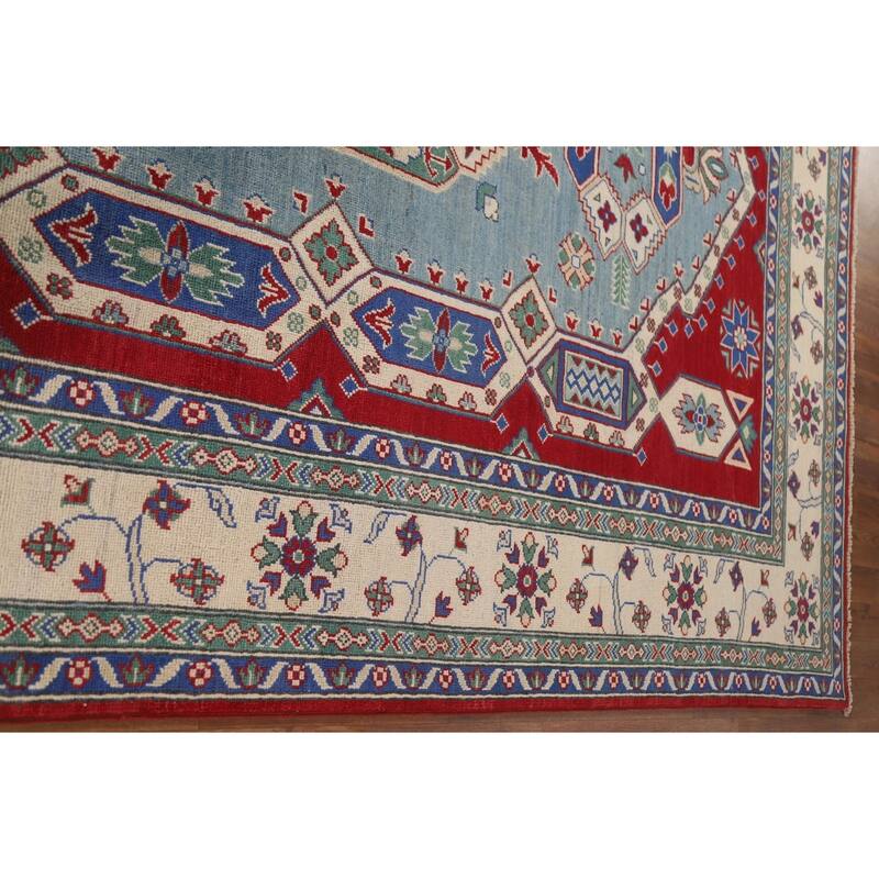 Hand Knotted Oriental 100% Wool Carpet Traditional Geometric Navy Blue & Blues Kazak Area Rug - 9' 7'' X 6' 10''