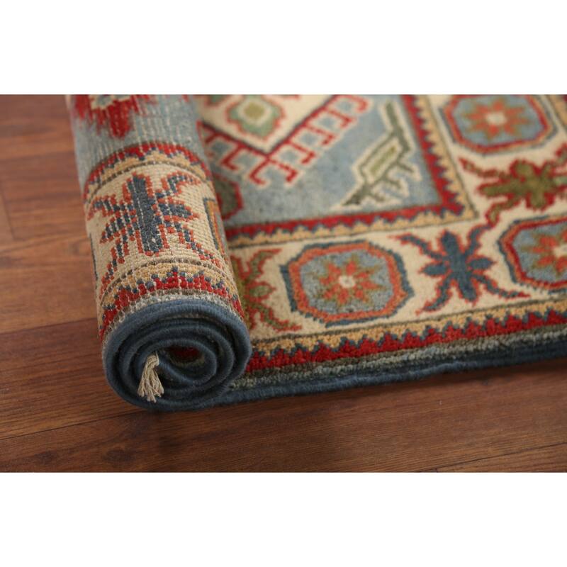 Light Blue Geometric Kazak Oriental Accent Rug Handmade Wool Carpet - 2'1"x 2'10"