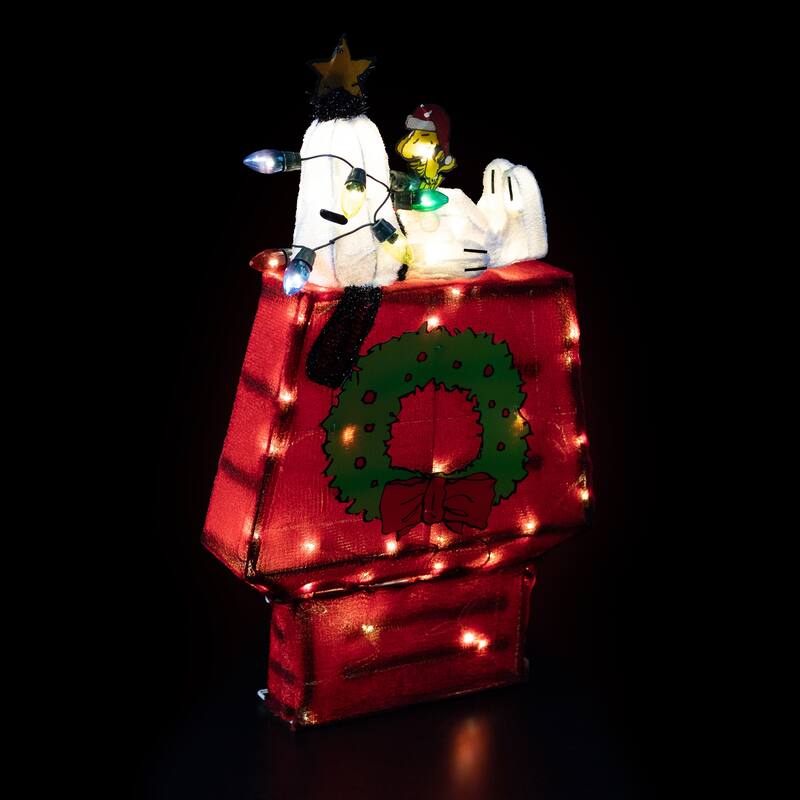 Lighted Snoopy on Dog House Outdoor Christmas Decoration - 18" - Clear Lights - Red