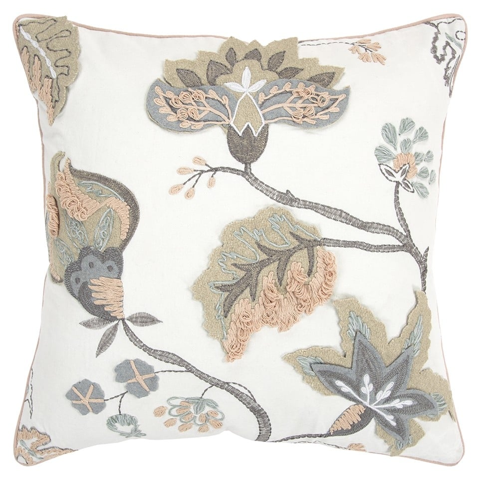 HomeRoots20" White and Tan Jacobean Floral Cotton Throw Pillow With Applique and Embroidery