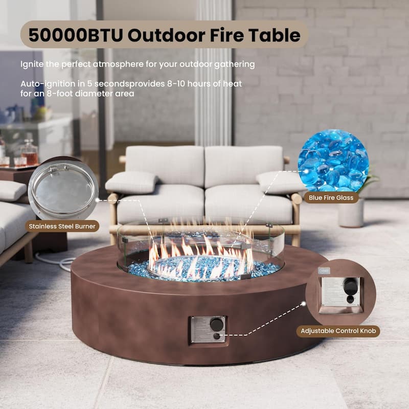 COSIEST 42'' Outdoor Round Propane Fire Pit w Wind Guard and Fire Glass