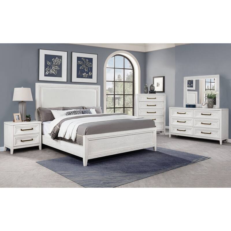 Inverness Distressed White Queen Upholstered Panel Bed