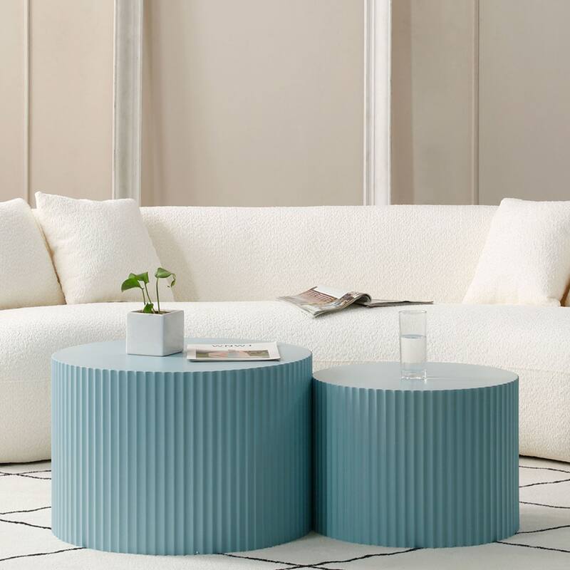 Modern Glam Relief Carving Round Accent Nesting Side Fluted Coffee Tables Set (2 Pack) No Assembled