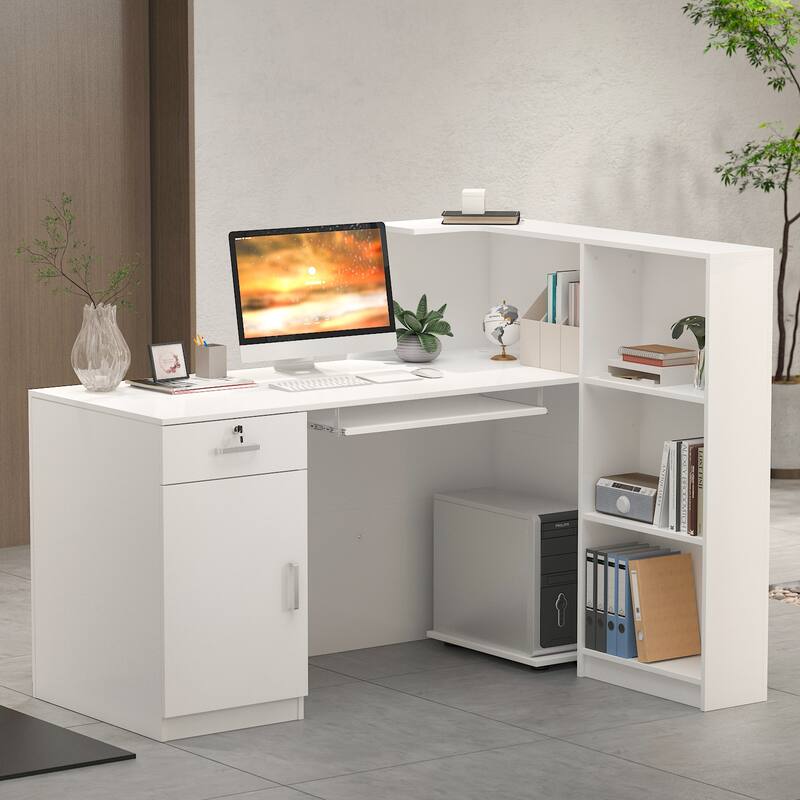 Timechee 55.1"W LShape Wood Reception Desk Computer Desk Keyboard Tray