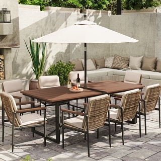 PureCane 9-Piece Aluminum Outdoor Dining Set with Wooden Table Top, Wicker Chairs and Cushions