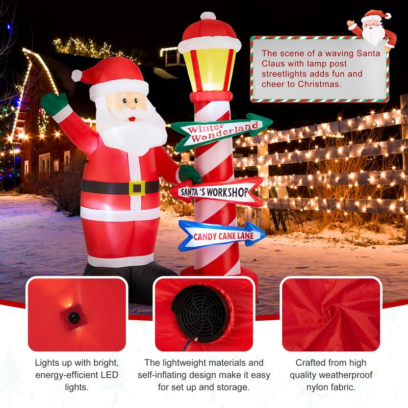 Glitzhome 7FT Lighted Inflatable Santa with Lamp Post Sign Decor