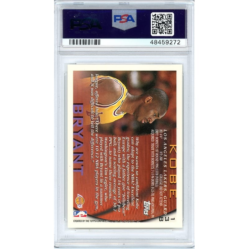 Kobe Bryant 1996 Topps Basketball Rookie Card RC #138 Graded PSA 9 MINT - 8'6" x 11'6"