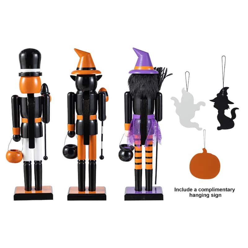Glitzhome Set of 3 18.5"H Halloween Black Cat/Witch/Pumpkin Wood Nutcracker