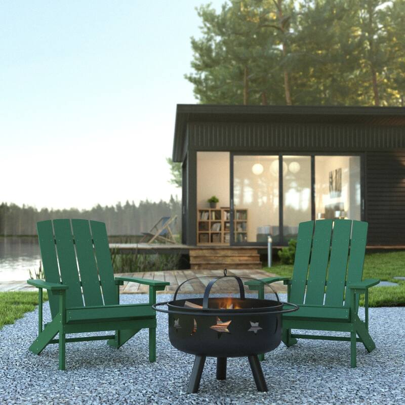 Star and Moon Fire Pit with Mesh Cover & 2 Poly Resin Adirondack Chairs - Green