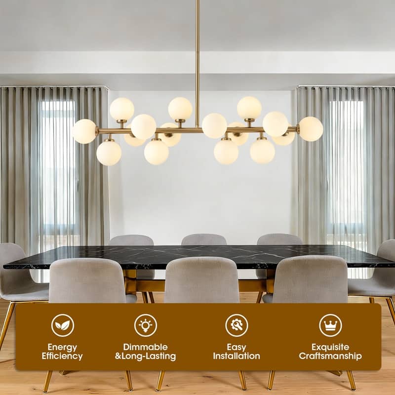 40 in. Linear Mid Century Modern Chandelier 16-Light Gold Brass Sputnik Pendant Light with Frosted Glass Globe for Dining Room