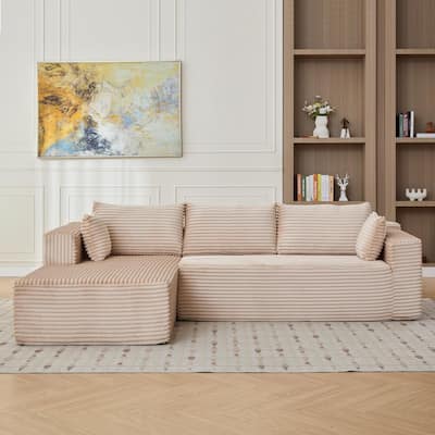 Boneless L-shaped Sectional Sofa with Chaise, Modular Sleeper Sofa Bed Corduroy Compression Deep Seat Sectional Couch