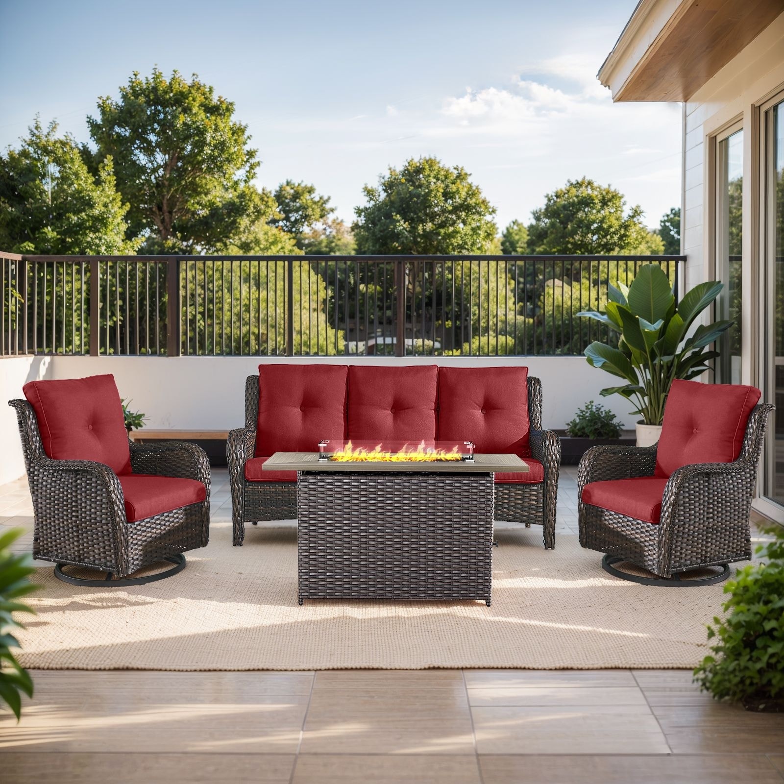 Fire Pit Table with Patio Glider Chairs Sofa Brown-Red - Brown