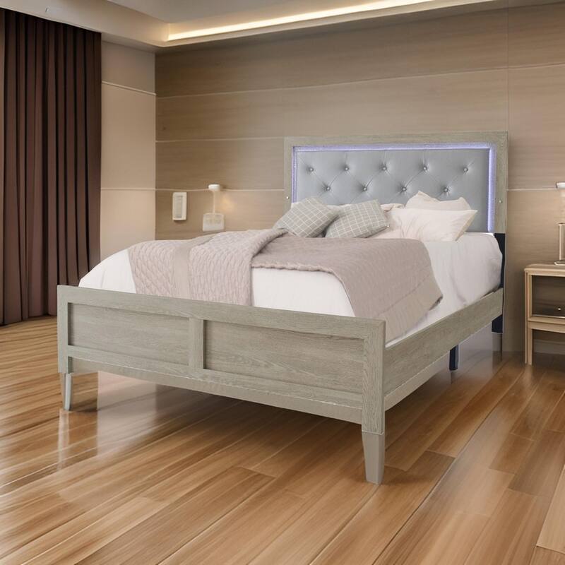 Ancy Queen Size Bed, Tufted and Upholstered Headboard, Light Gray Finish
