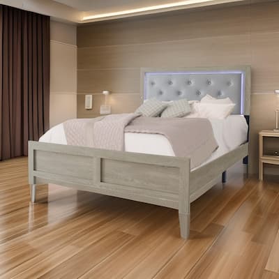 Ancy Queen Size Bed, Tufted and Upholstered Headboard, Light Gray Finish