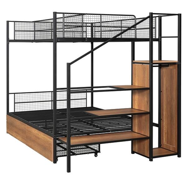 slide 2 of 24, Industrial Minimalist Twin Over Full Metal Bunk Bed with Drawer and Lateral Storage Ladder and Wardrobe Black