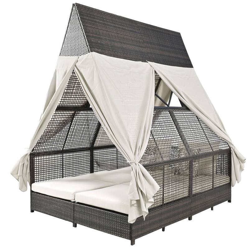 Outdoor Patio Rattan Daybed Sunbed with Triangle Tent, Adjustable Backrest, and Curtains