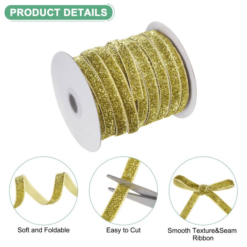1 Pack Metallic Glitters Velvet Ribbon,3/8"x50 Yards for Gift - Light Gold