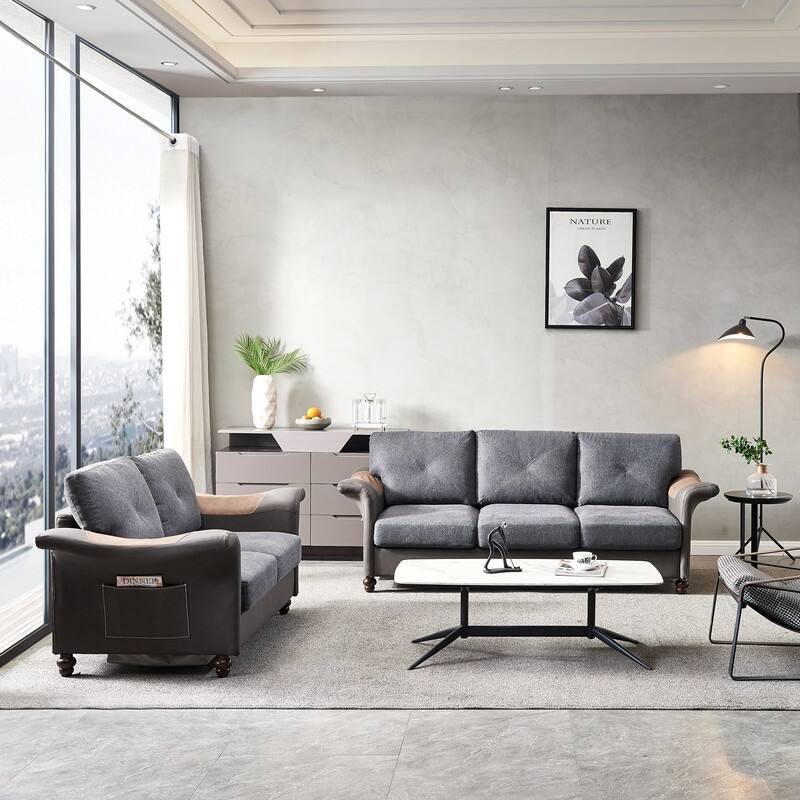 Linen Fabric Faux Leather Sofa with Two Removable Storage Boxes