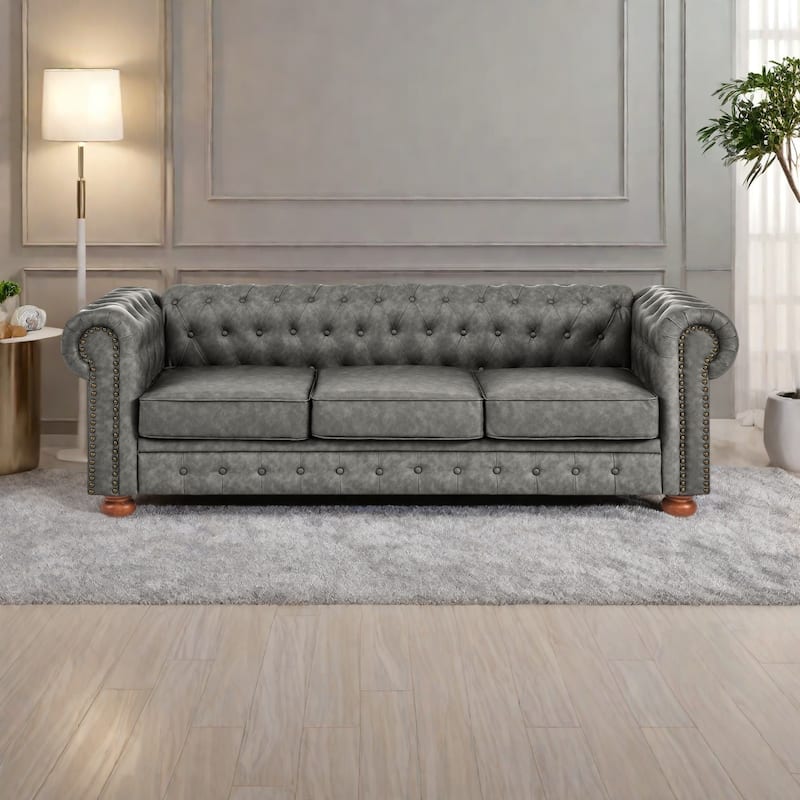 88.5" PU 3-Seater Sofa with Nailhead Accents, Solid Wood Frame for Living Room - Dark Gray